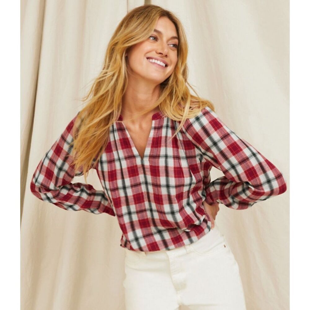 Garnet Hill Organic-Cotton Plaid Popover Medium NWT Red Black Cream